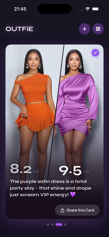 OUTFIE app — Help Me Choose, orange vs purple dress comparison, 8.2 vs 9.5