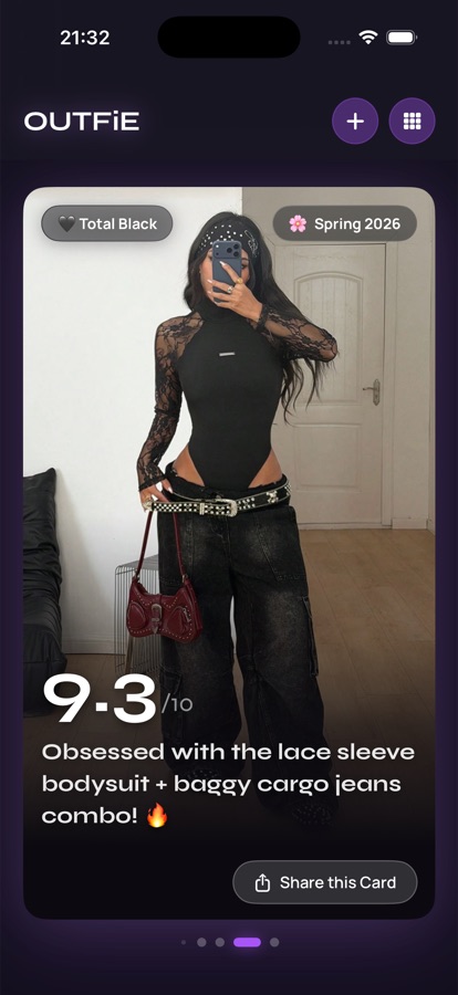 OUTFIE app — Total Black vibe, score 9.3/10, lace bodysuit and cargo jeans